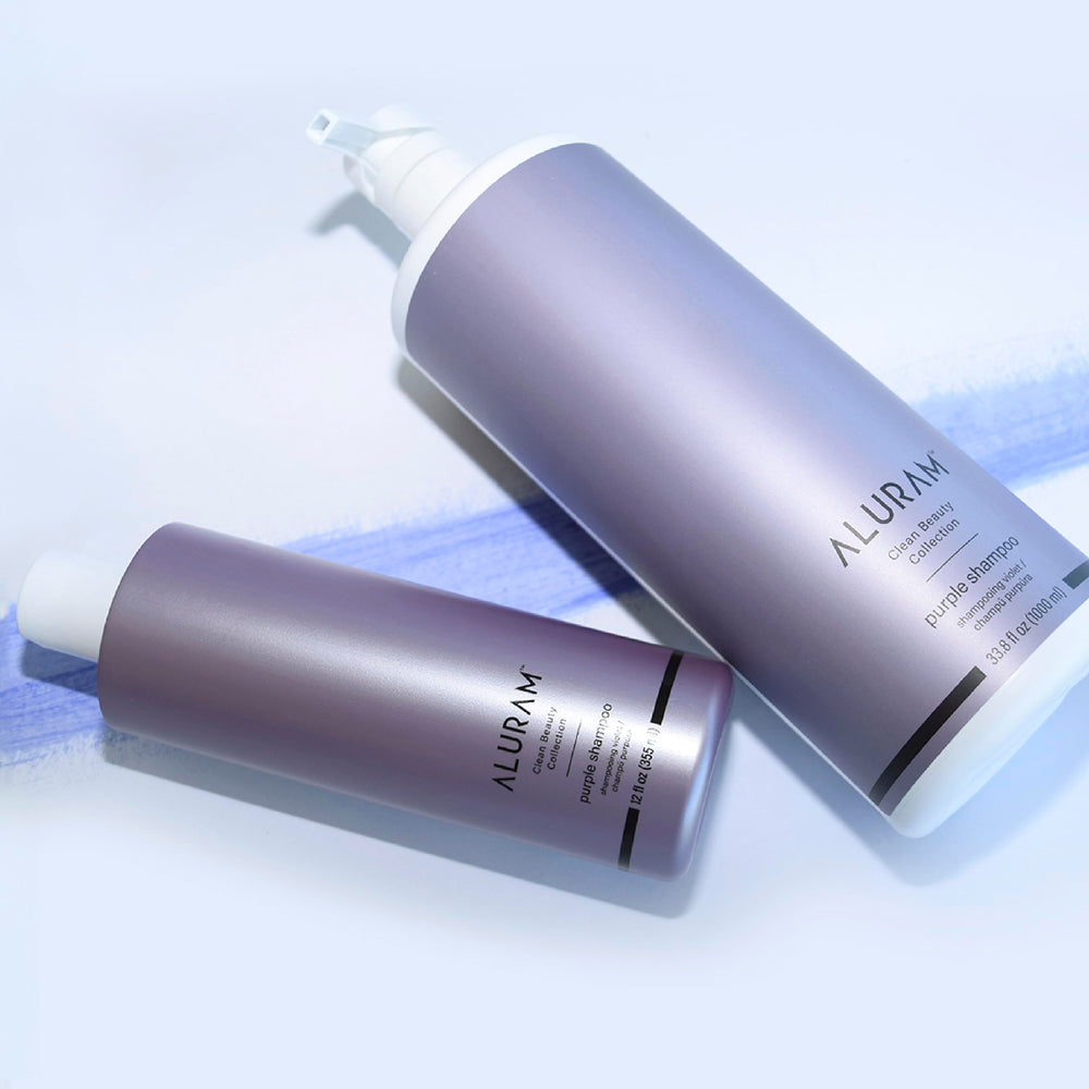 ALURAM Champú Morados Agua de Coco primer plano, fórmula nutritiva para cabello teñido y gris.