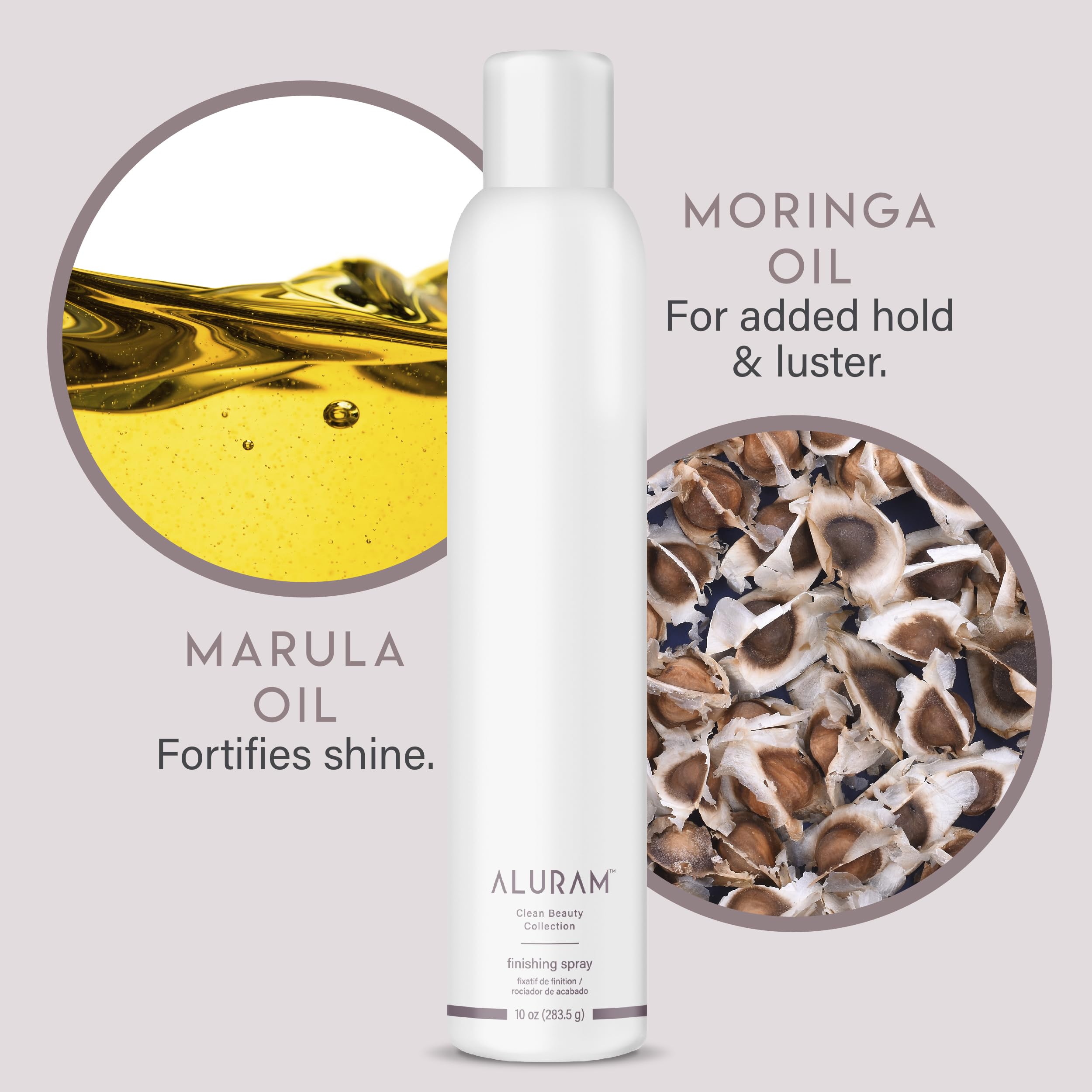 ALURAM Finishing Spray bottle highlights nourishing oils at work.