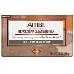 Ambi Jabón Negro con Karité, barra con aloe vera y vitamina E, enfoque en ingredientes hidratantes.