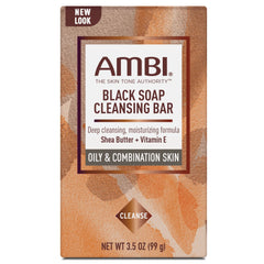 Ambi Jabón Negro con Manteca de Karité, primer plano, para hidratación suave de la piel.