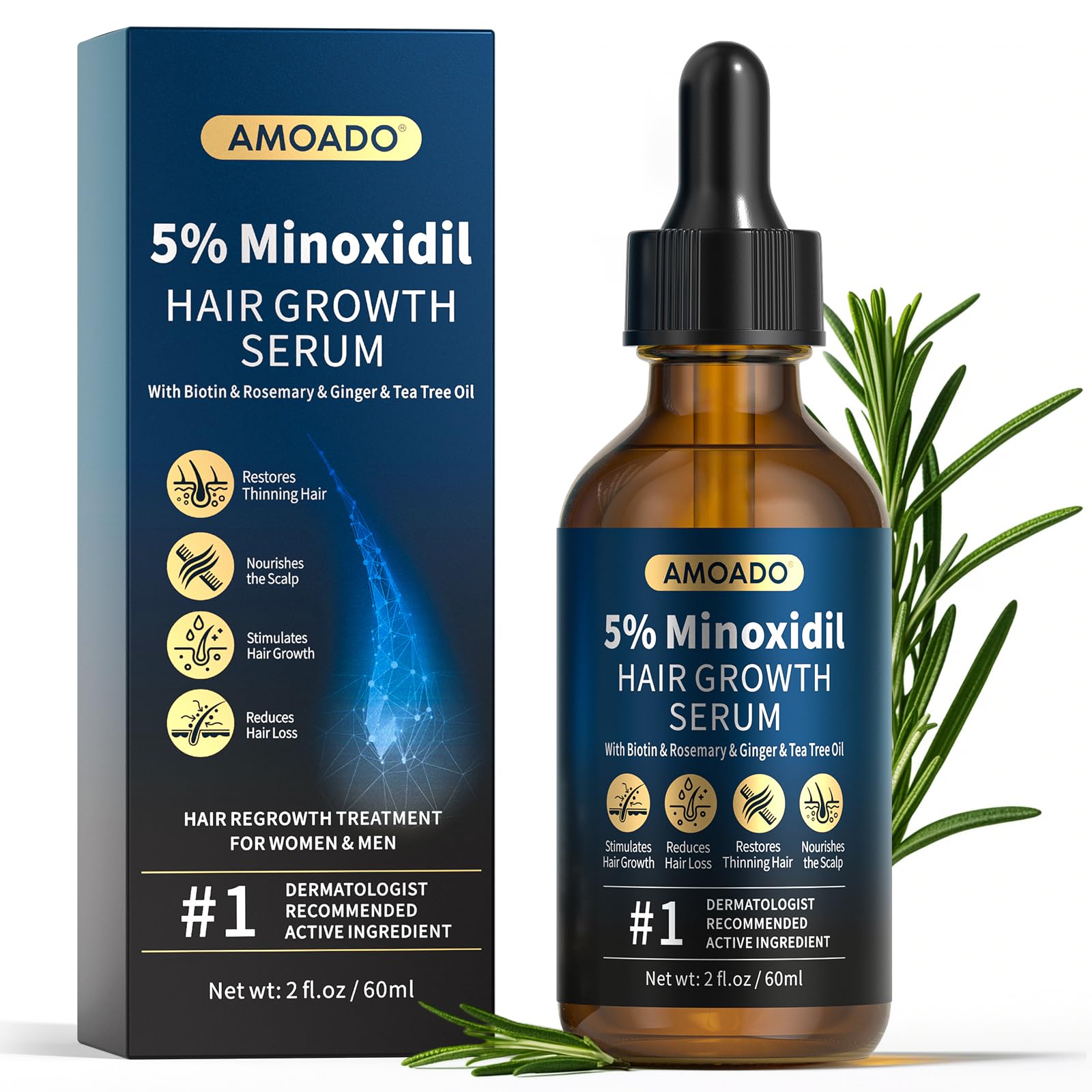 AMOADO Minoxidil Serum botella para uso diario y densidad capilar