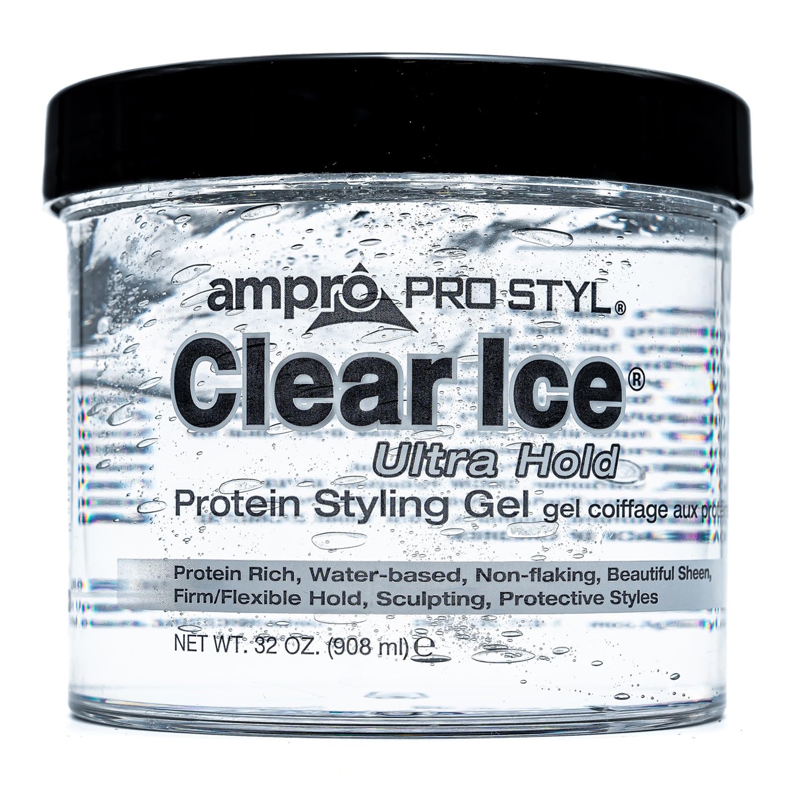 AmPro Pro Styl Clear Ice Gel en bote de 32 oz para uso diario.