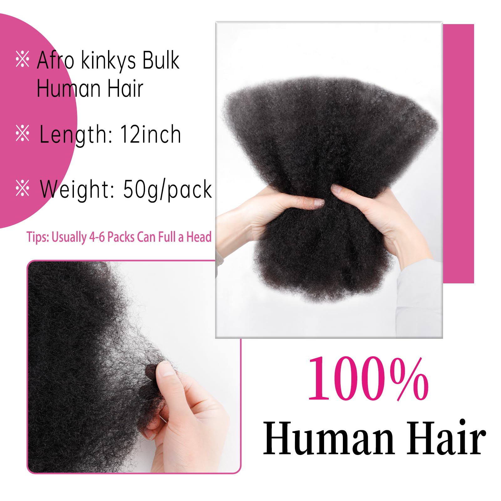 Amzluck Afro Kinky Bulk, textura natural para peinados versátiles y duraderos.