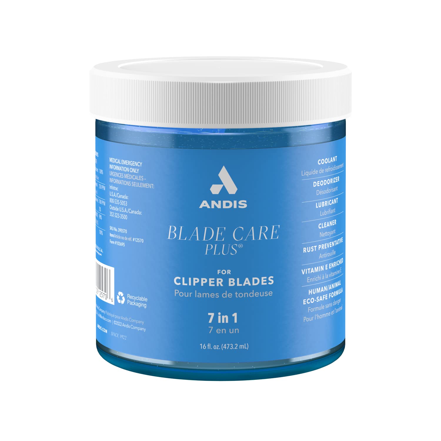 Andis tarro de cuidado de cuchillas de 16 oz para limpieza y lubricación rápidas.