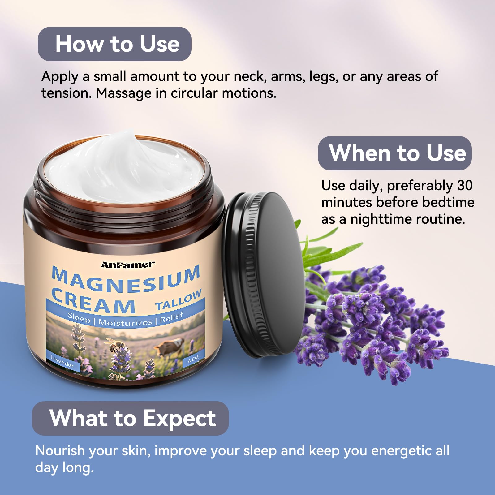 AnFamer Magnesium Cream Nighttime Application to unwind before bed.