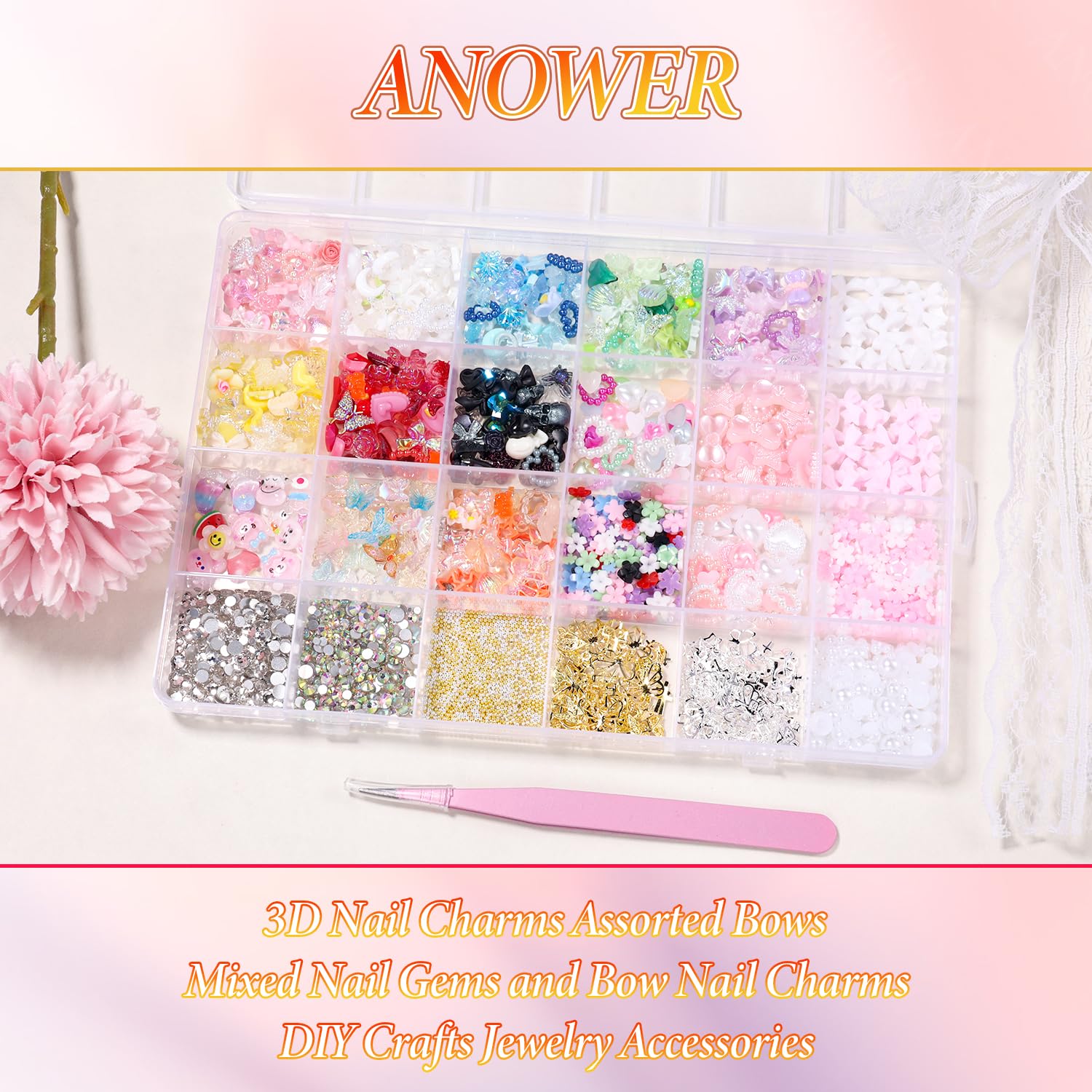 Anower charms uñas 3D lazo crea acentos chic.