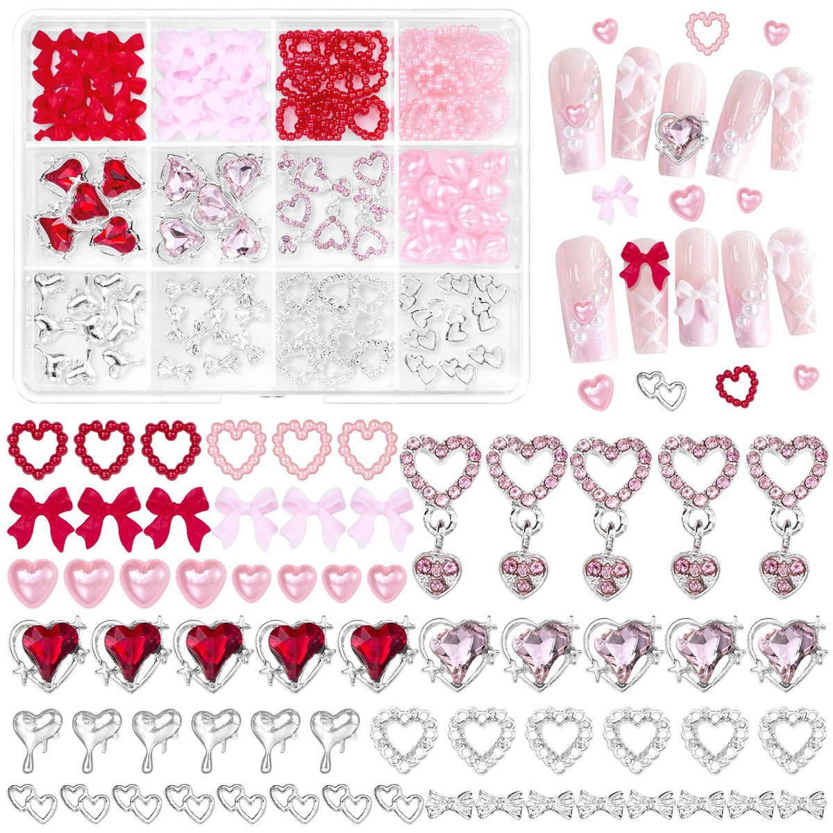 Adornos Anower corazones 3D para uñas, ideal para acentos románticos en manicura.