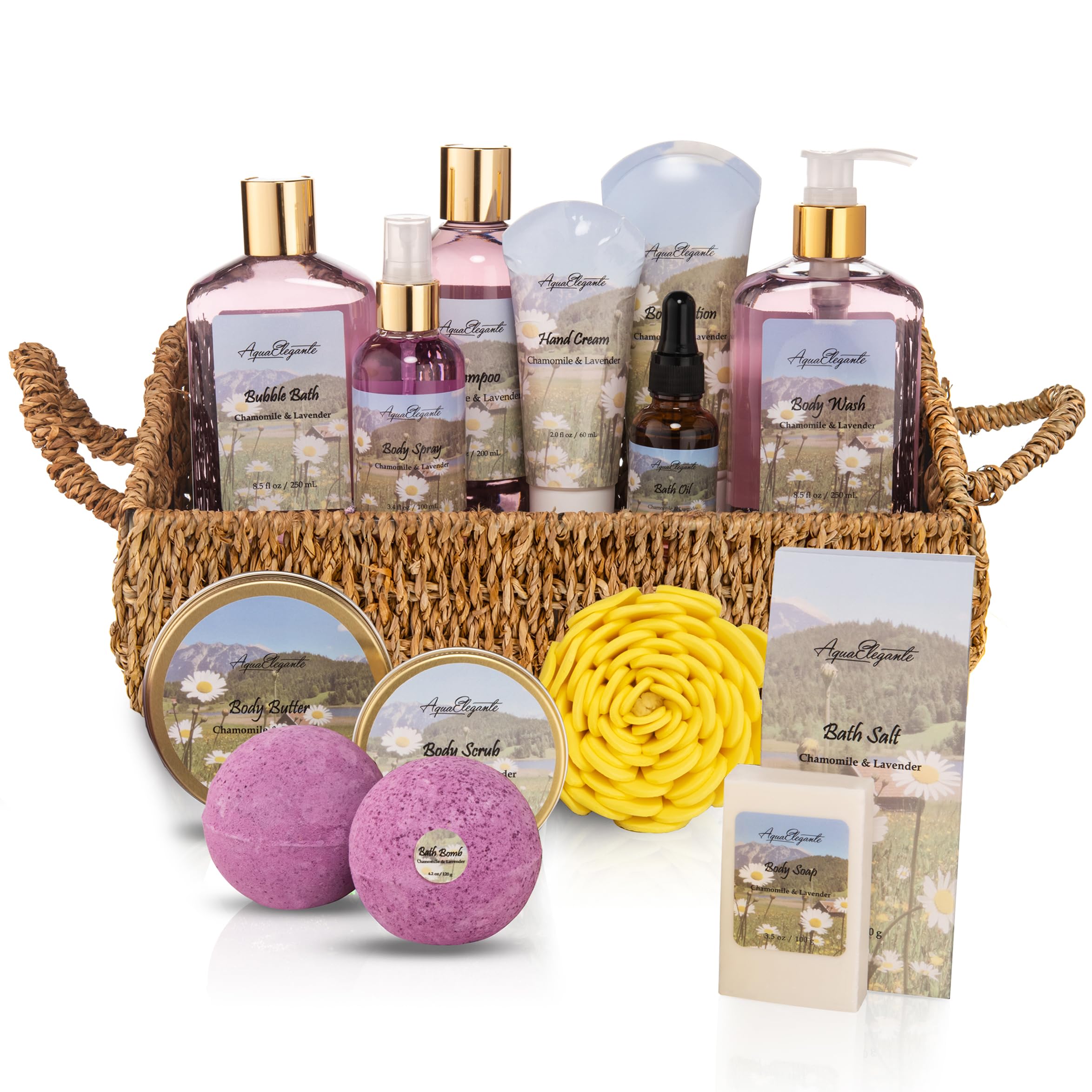 Aqua Elegante: cesta de bienestar lavanda y manzanilla para regalo relajante