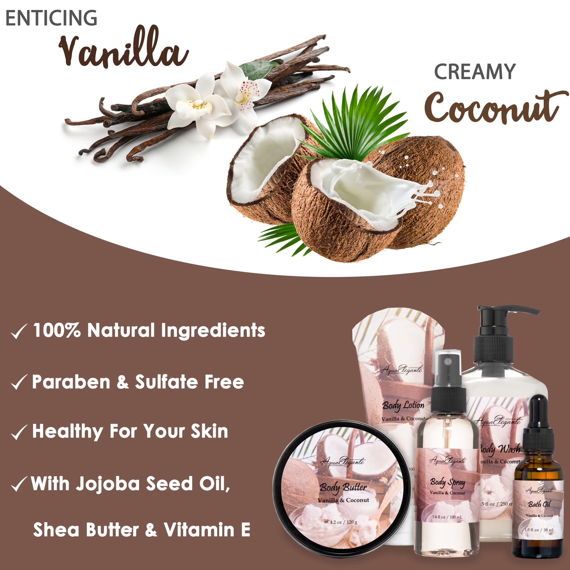 Aqua Elegante loción corporal coco vainilla, hidratación suave para piel sensible.