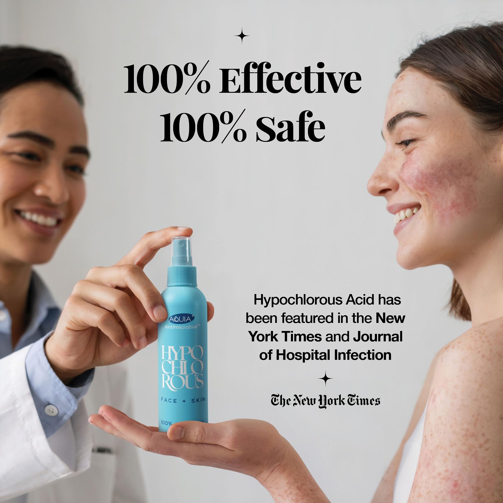 Aplicación en rostro con Aquia spray hipocloroso para frescura y limpieza.