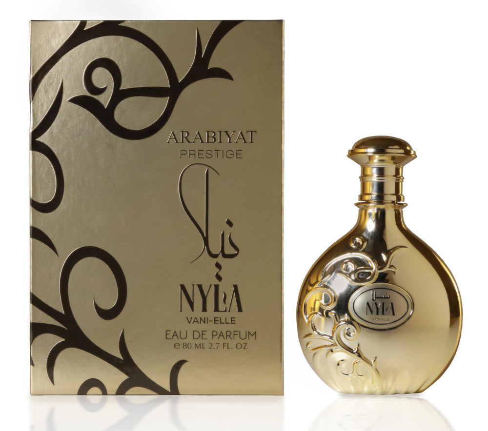 ARABIYAT PRESTIGE Nyla Vani-Elle: botella dorada, aroma elegante para ocasiones especiales.