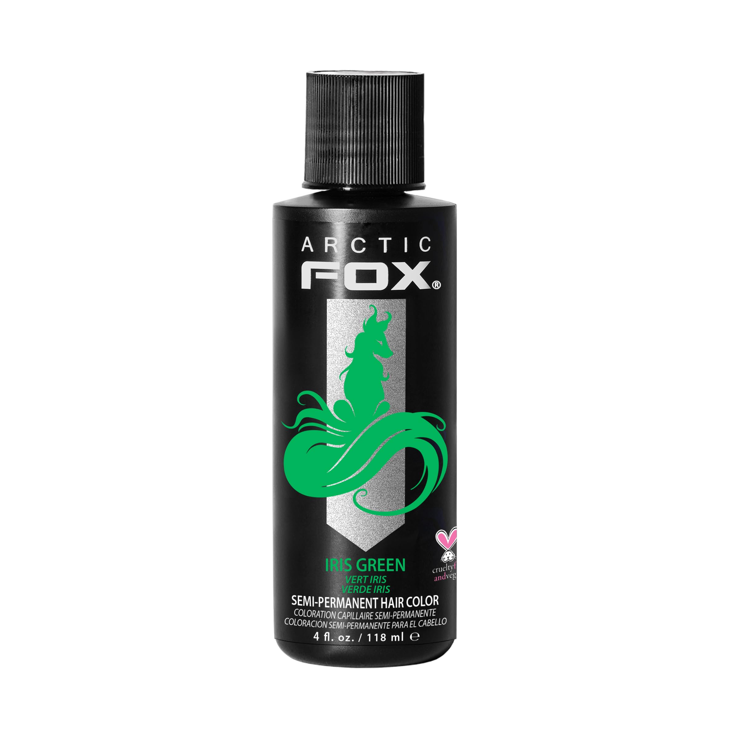 ARCTIC FOX Iris Green en botella 4oz: color vibrante y aplicación suave.
