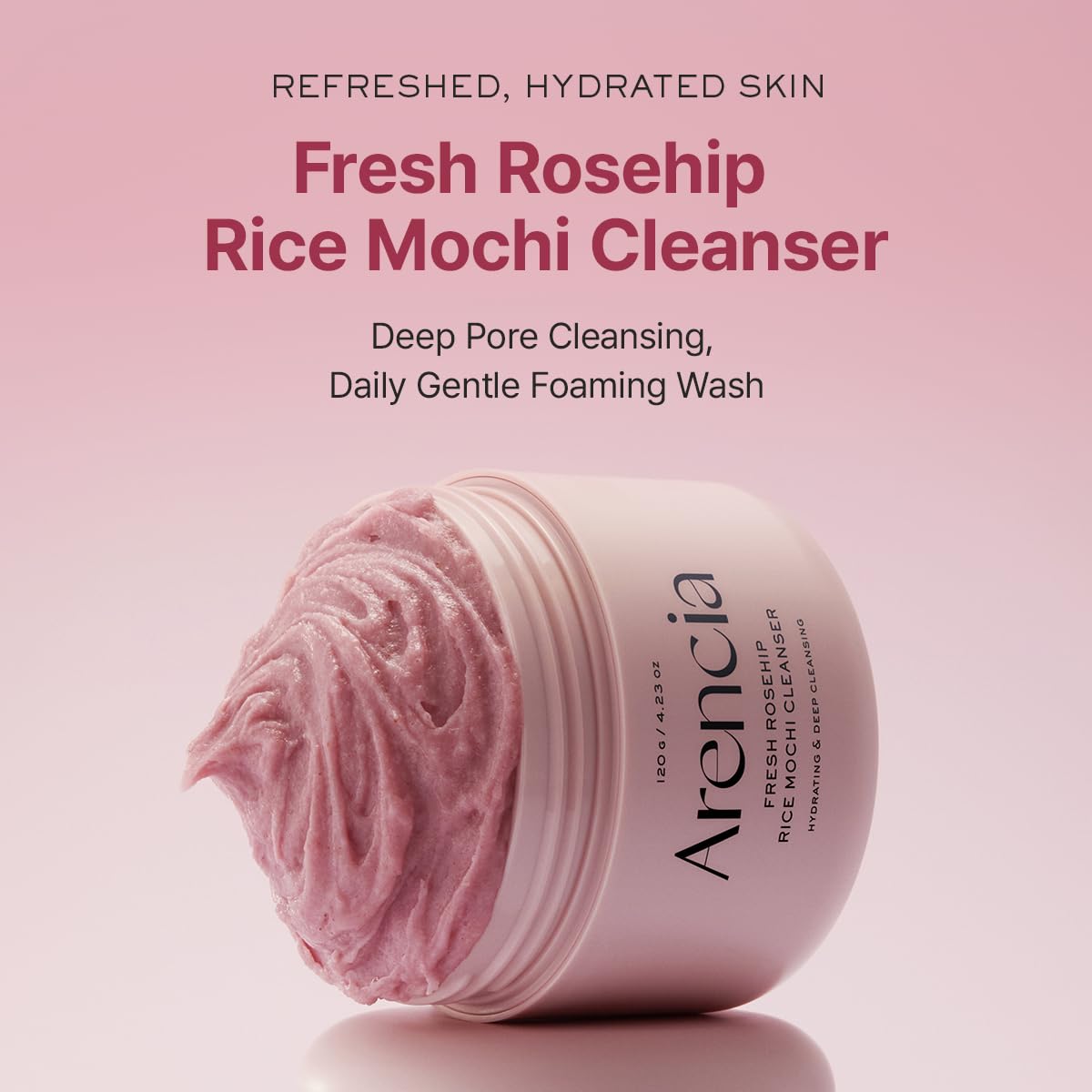 ARENCIA Rosehip Brightening Rice Mochi: textura cremosa para exfoliación suave.