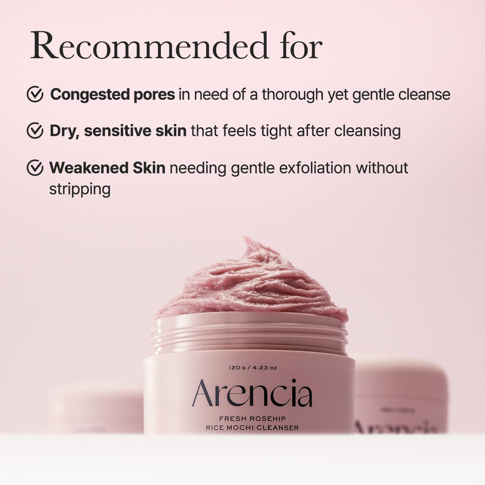 ARENCIA Rosehip Brightening Rice Mochi: uso diario para piel sensible y con impurezas.