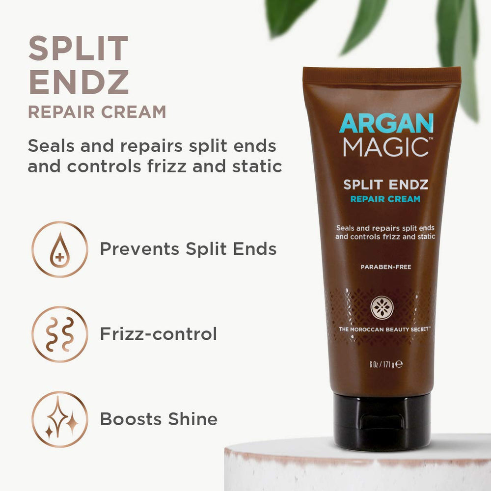 Argan Magic Split Endz Cream, controla el frizz para cabello suave y manejable.
