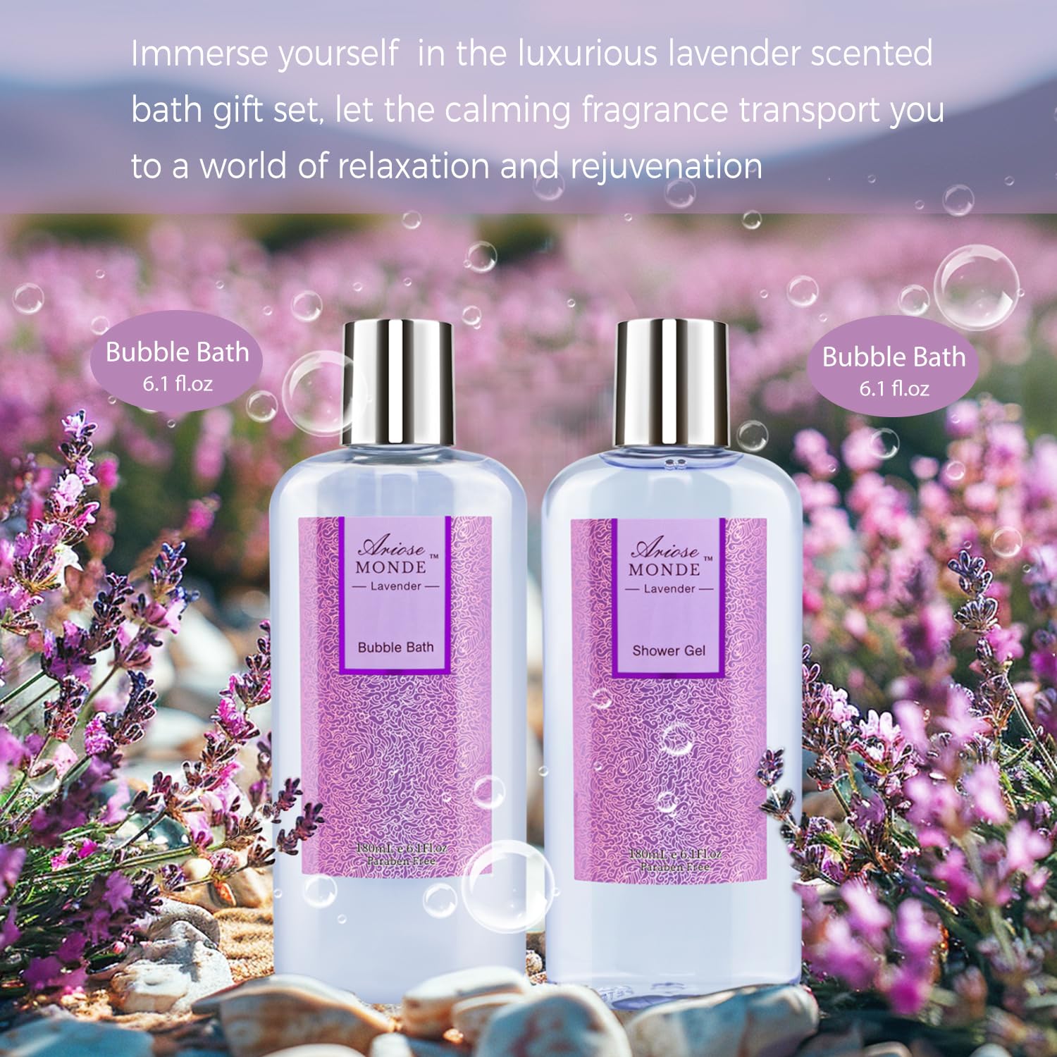 ArioseMonde lavender shower gel in the bath set for refreshing cleansing.