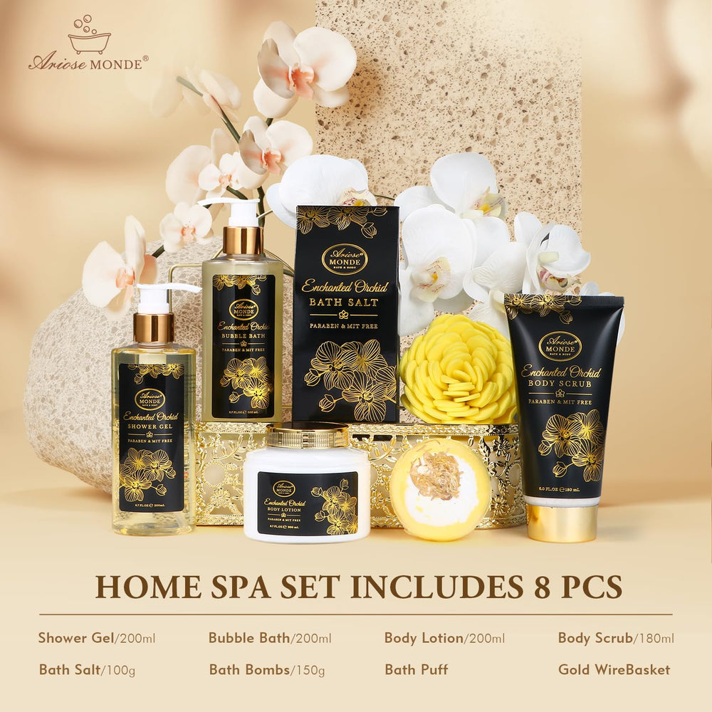 ArioseMonde orchid bath bomb with gold accents inspires a soothing spa-like soak