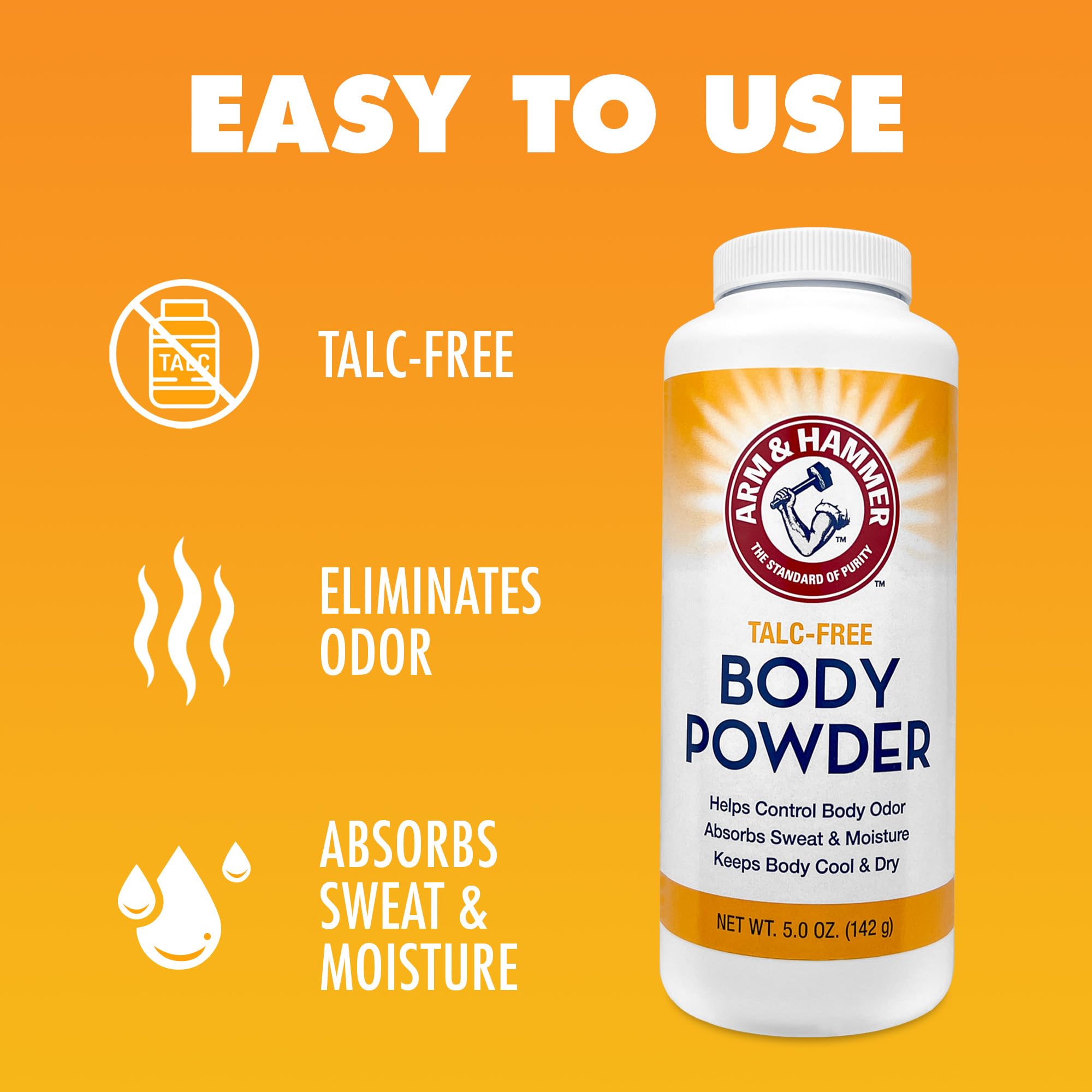 Arm & Hammer polvo corporal sin talco, enfoque en absorción de sudor para días activos.