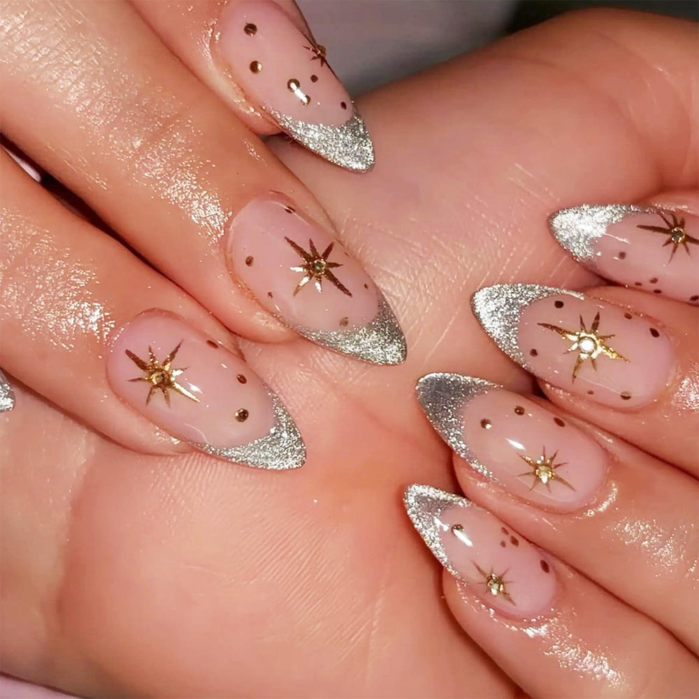 Uñas AROVFAM francesas almendra dorada con efecto glamoroso para diario