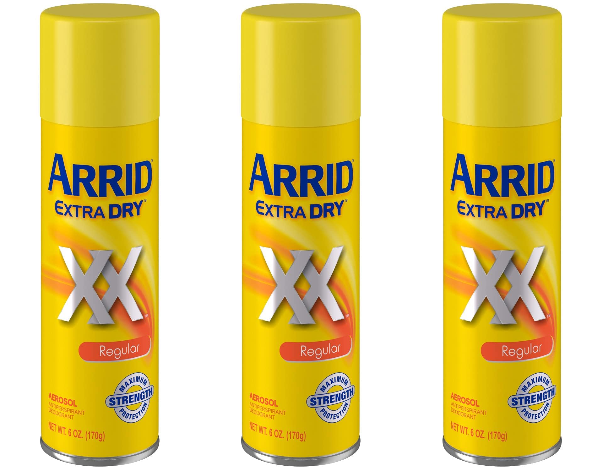 Arrid Extra Dry desodorante en aerosol Regular en paquete de tres para uso diario.