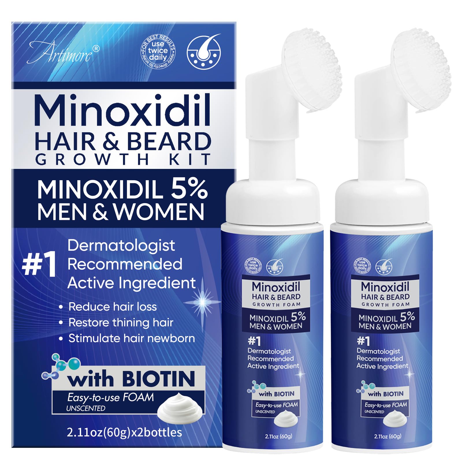 Artimore Minoxidil 5% espuma en botella para uso diario y crecimiento capilar.