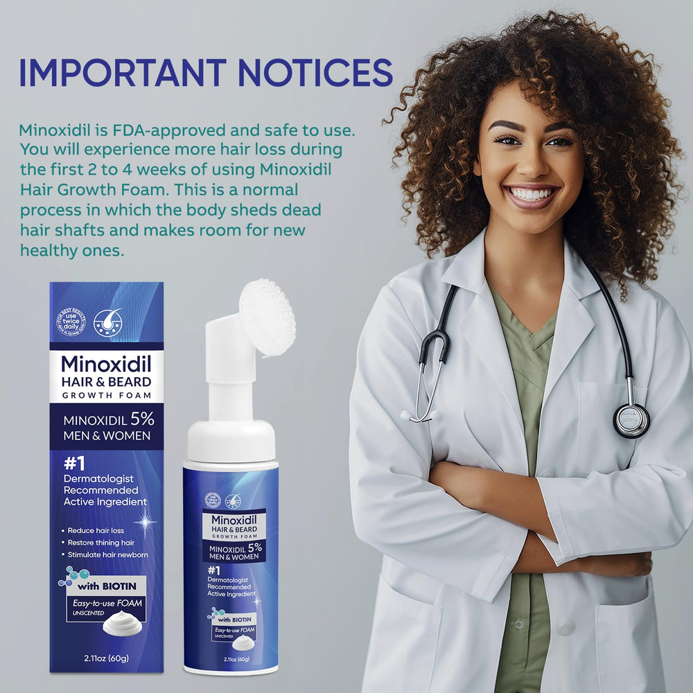 Espuma para cabello frágil con Minoxidil 5% y cuidado suave.