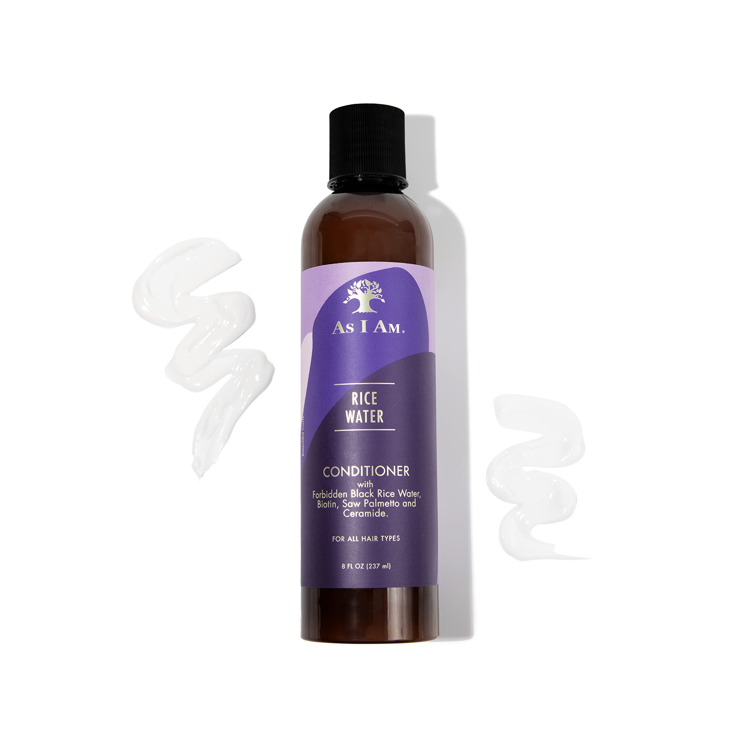 AS I AM Rice Water Conditioner packaging emphasizes travel-friendly 8oz size.