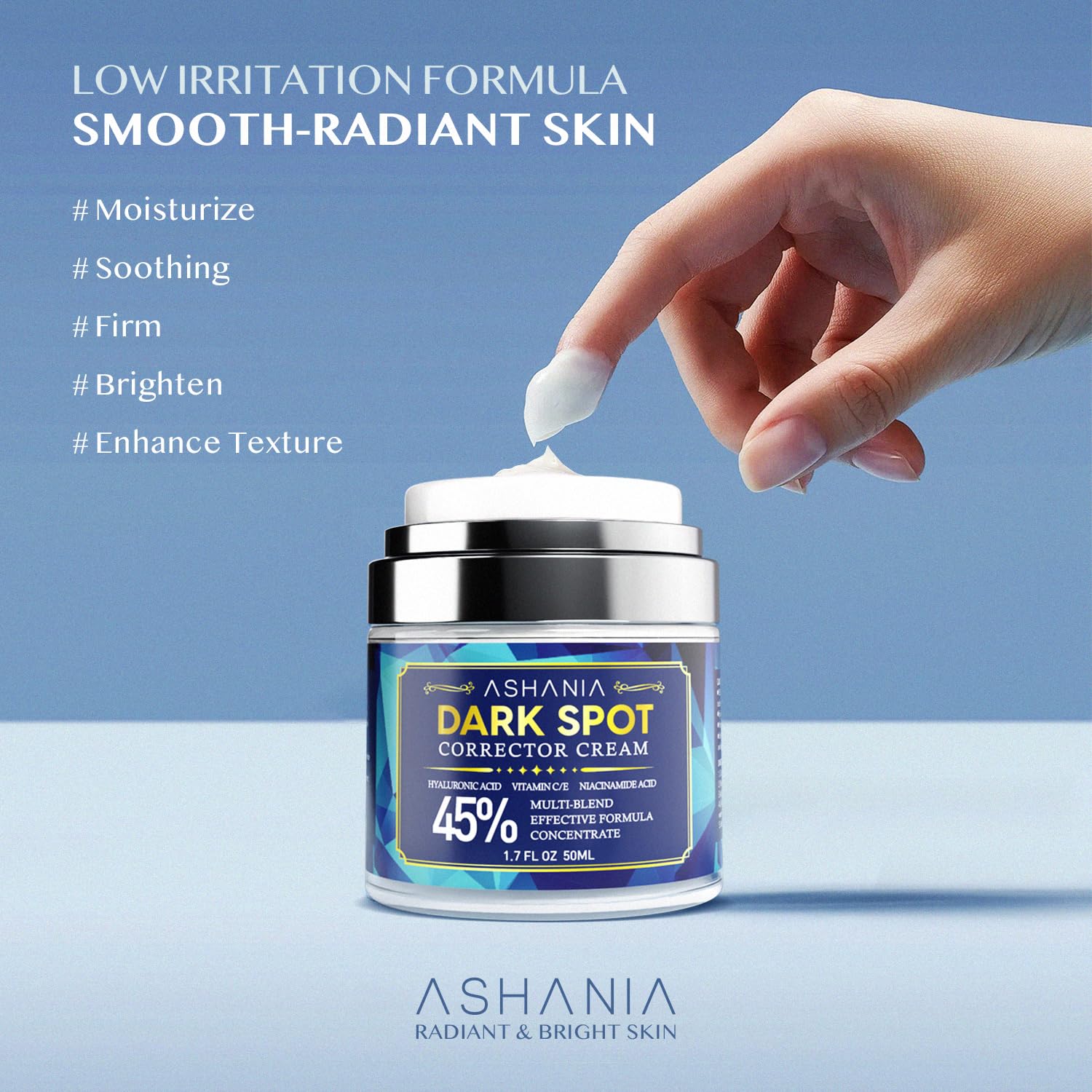 Ashania Corrector de manchas, fórmula con niacinamida y vitamina C.