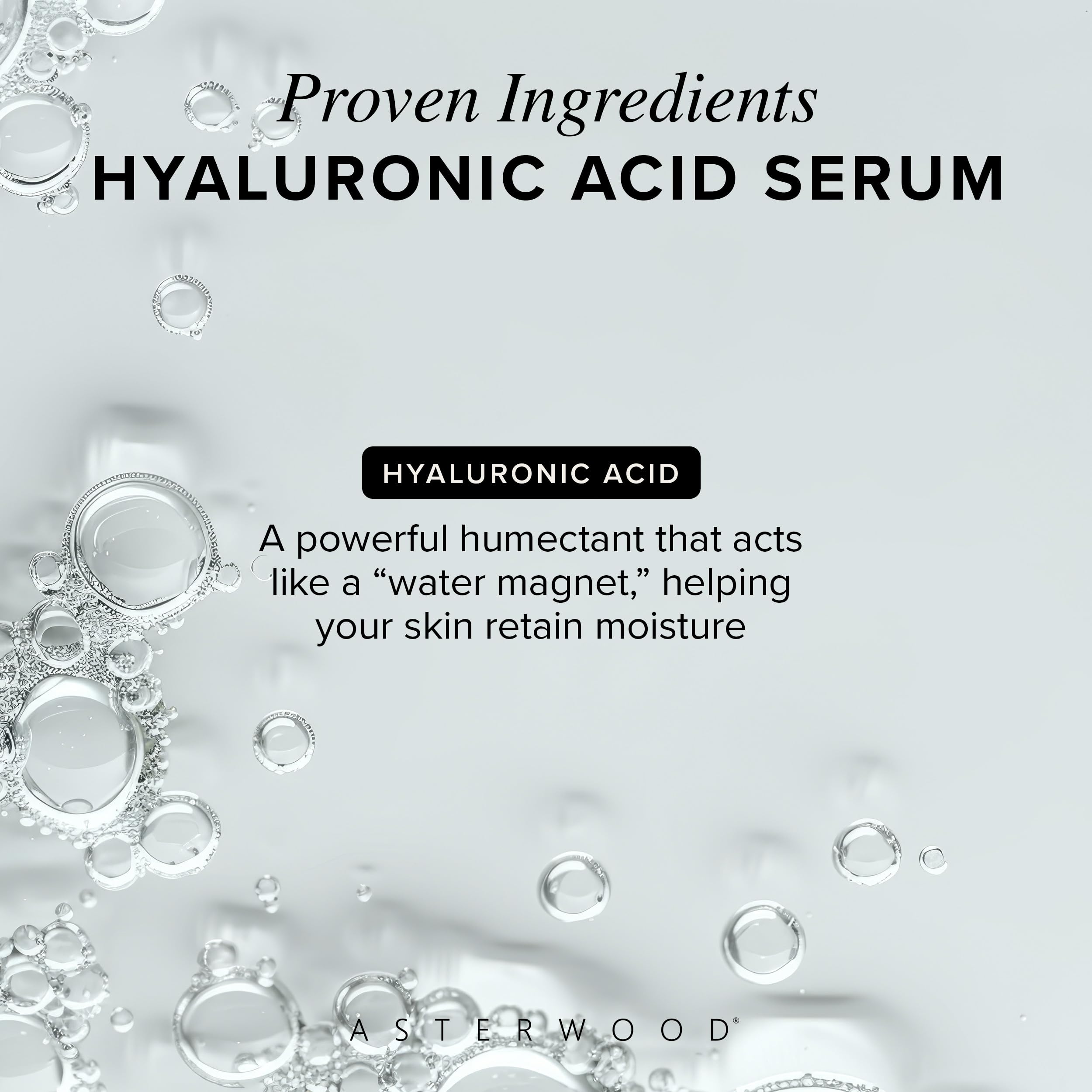 Asterwood Hyaluronic Acid Serum texture close-up showing gel consistency.