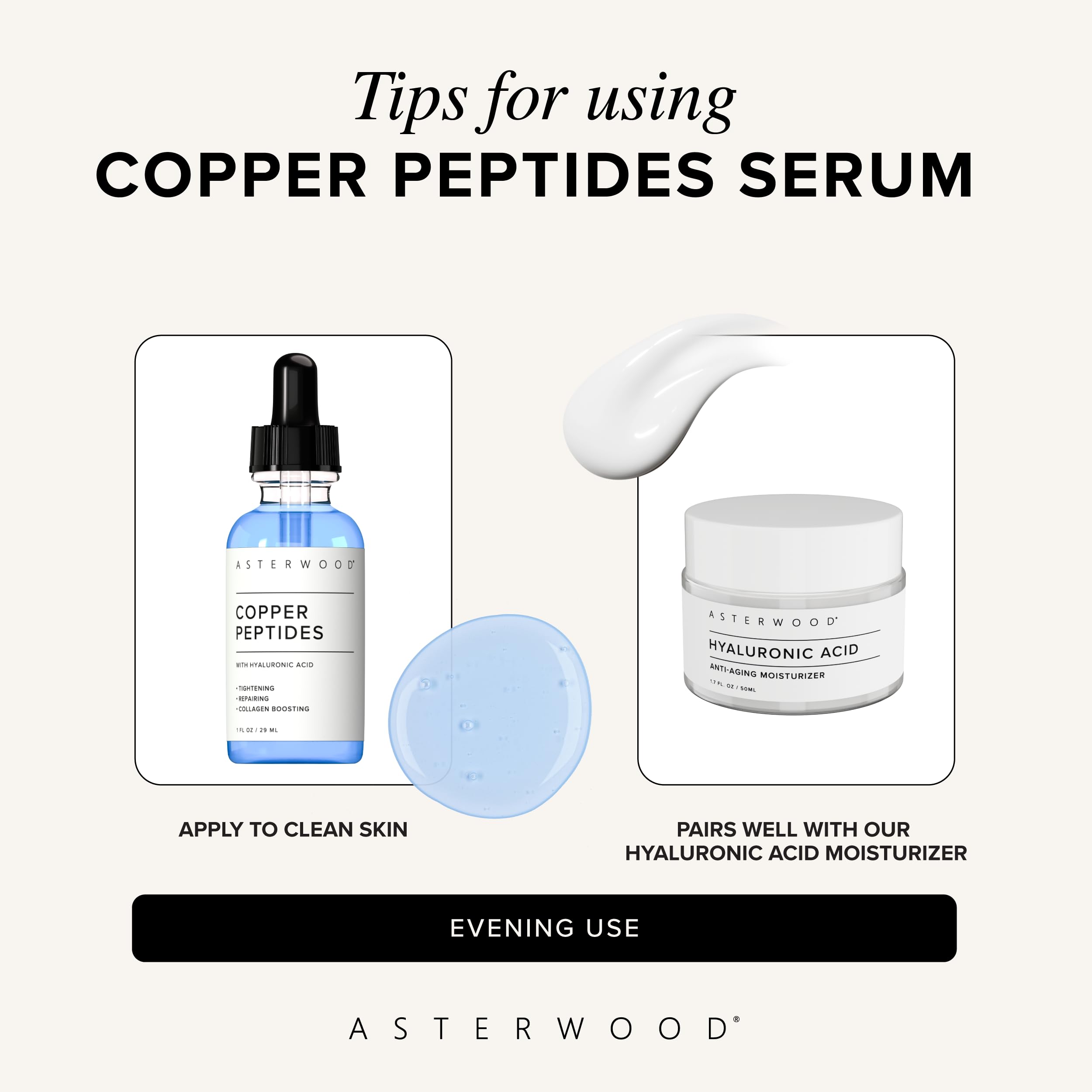 Ingredientes clave: GHK-Cu y ácido hialurónico en Asterwood Serum.