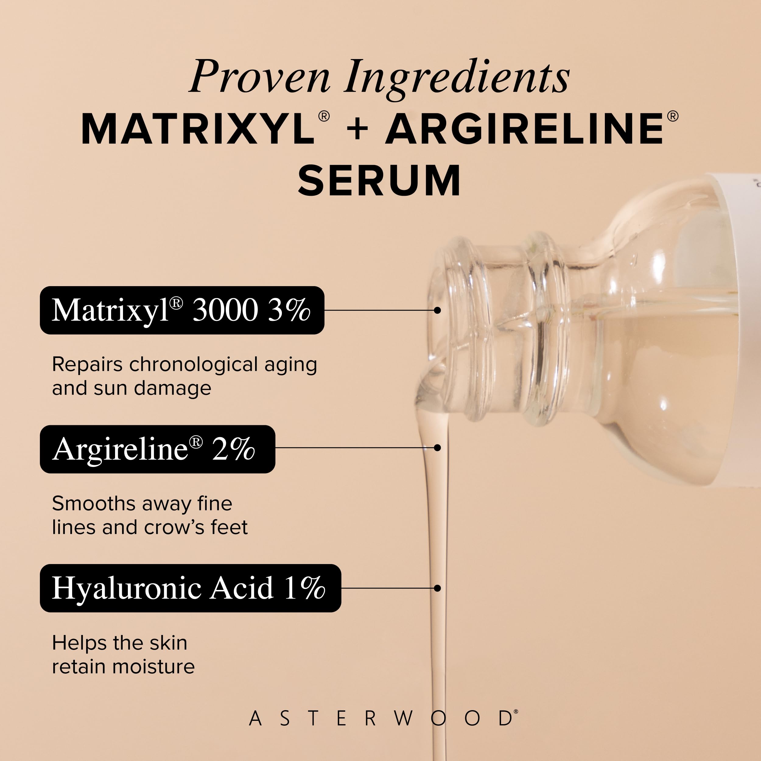 Asterwood Matrixyl 3000, manos aplicando para cuidado nocturno.