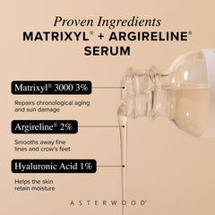 Asterwood Matrixyl 3000 + Argireline: textura ligera, absorción rápida para piel suave.