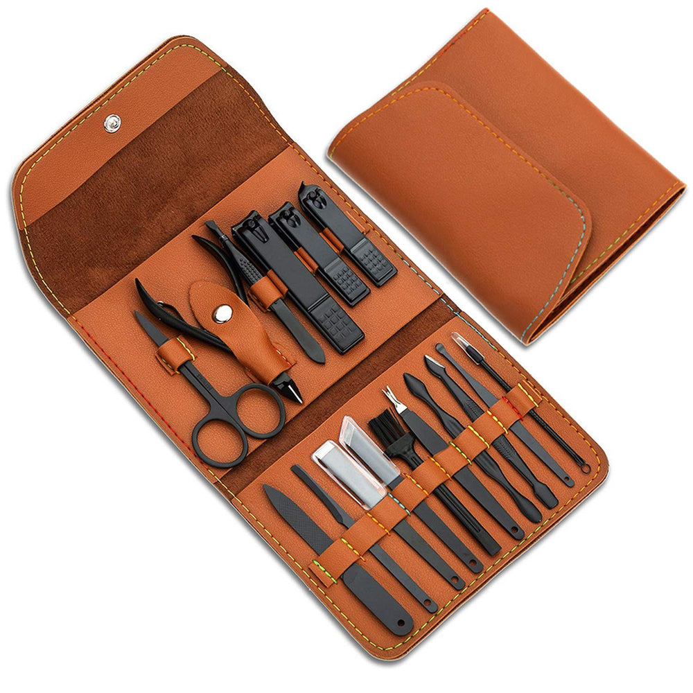 Atimier juego de manicura de 16 piezas con estuche de cuero marrón para viaje.