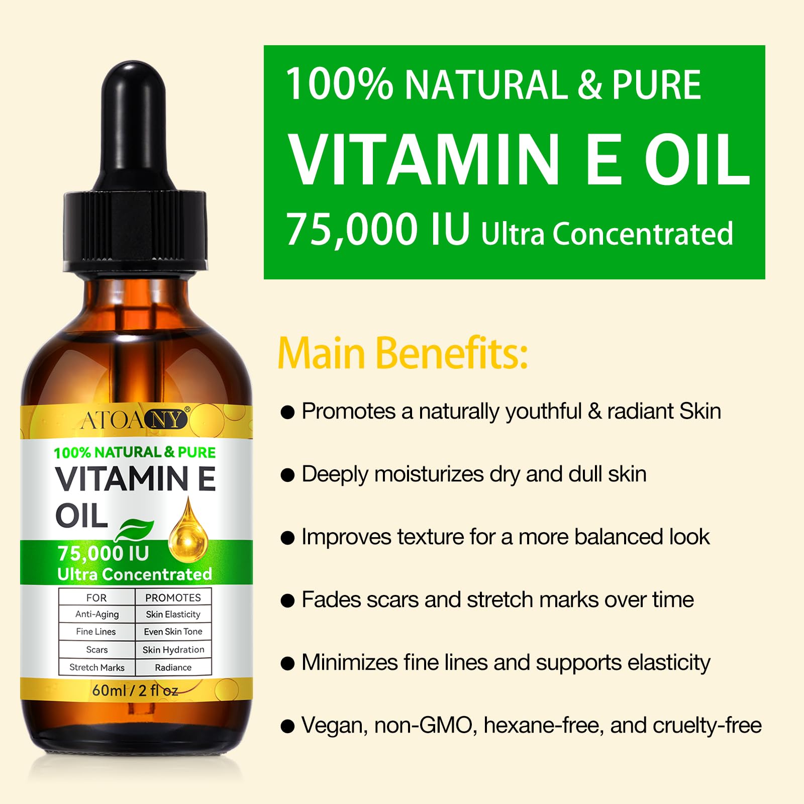 ATOANY Aceite Vitamina E 75,000 UI aplicación facial para piel suave