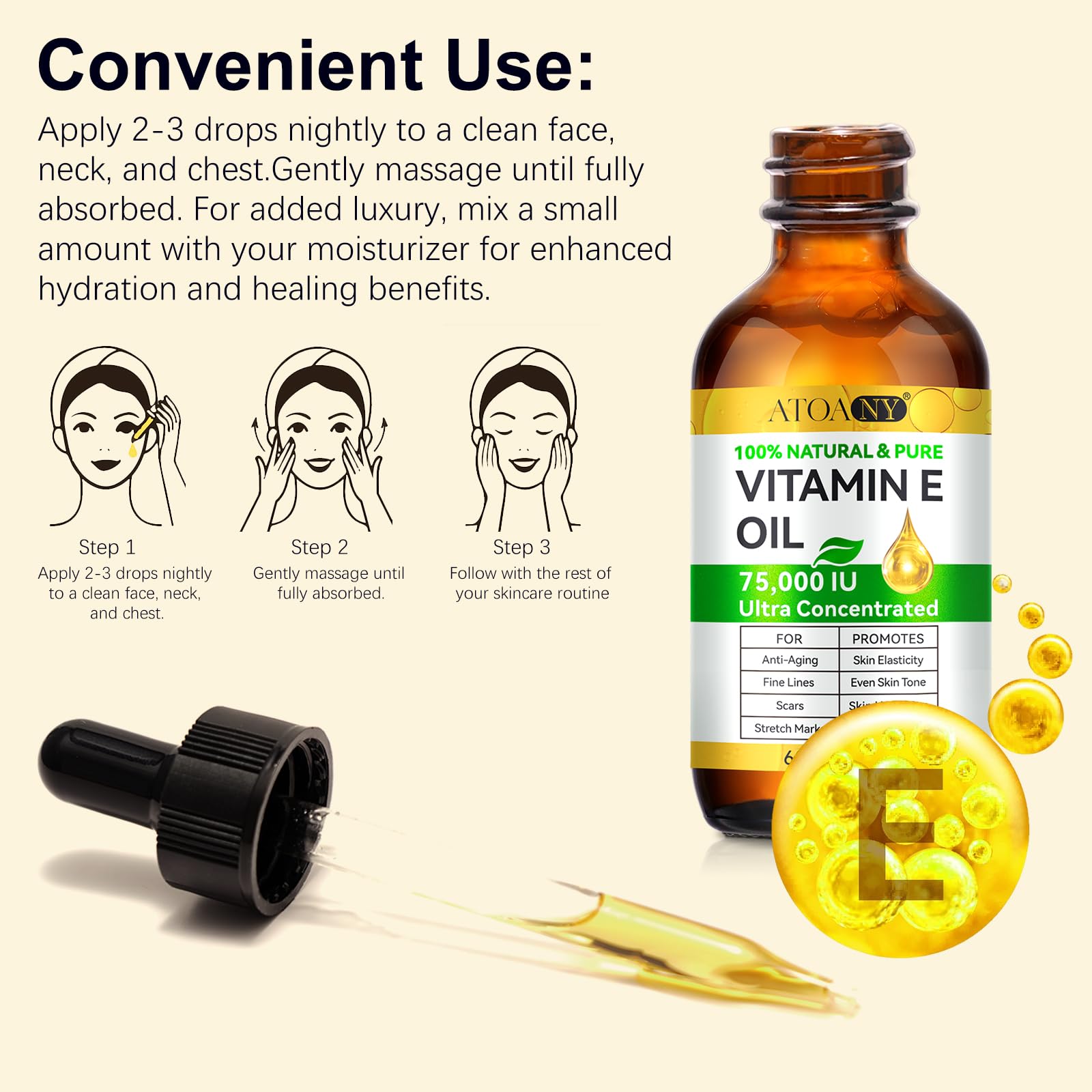ATOANY Aceite Vitamina E 75,000 UI textura ligera y de rápida absorción