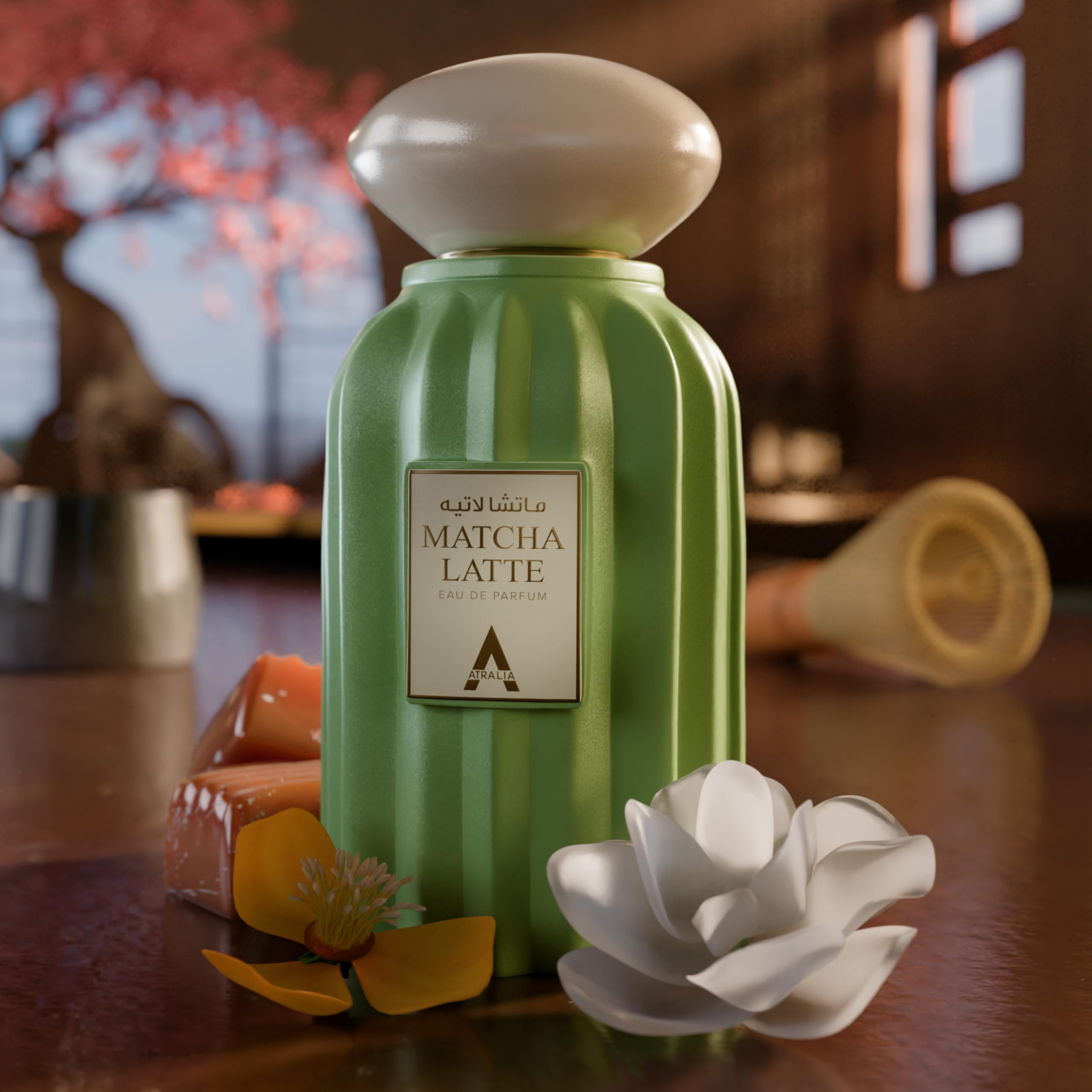 Atralia Matcha Latte, aplicación en piel, sensación suave y acogedora durante el día.