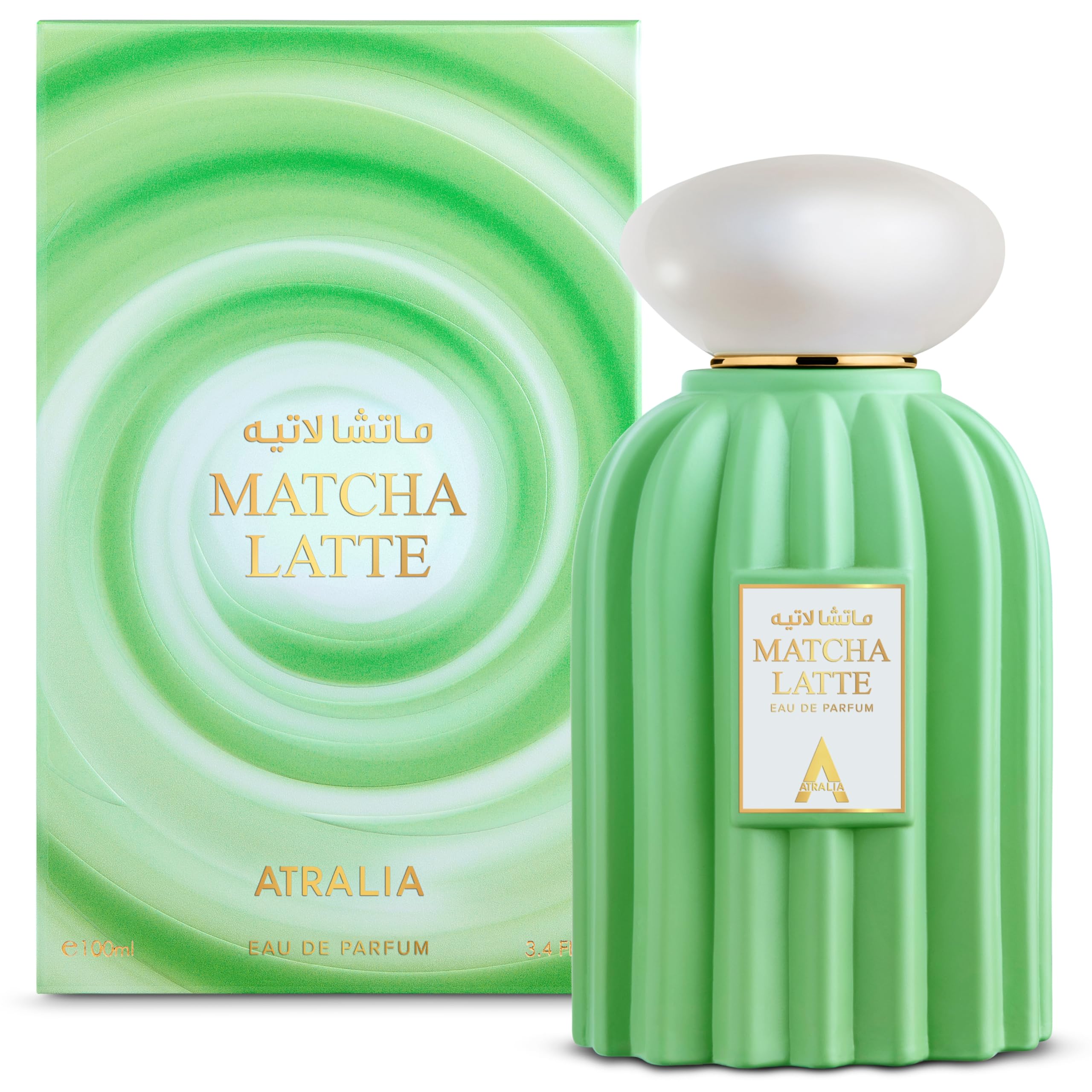 Atralia Matcha Latte, frasco vertido, aroma cremoso para uso diario.
