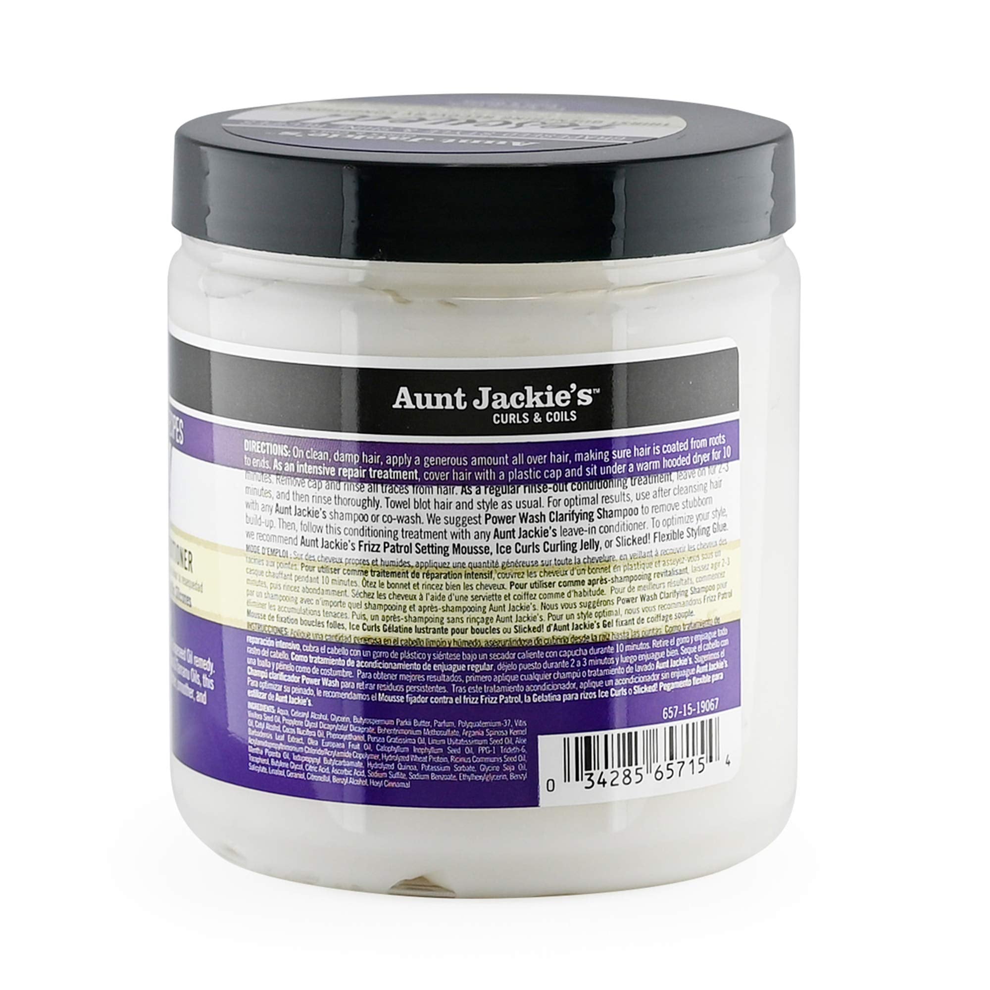 Etiqueta de Aunt Jackie's con aceite de semilla de uva para brillo.