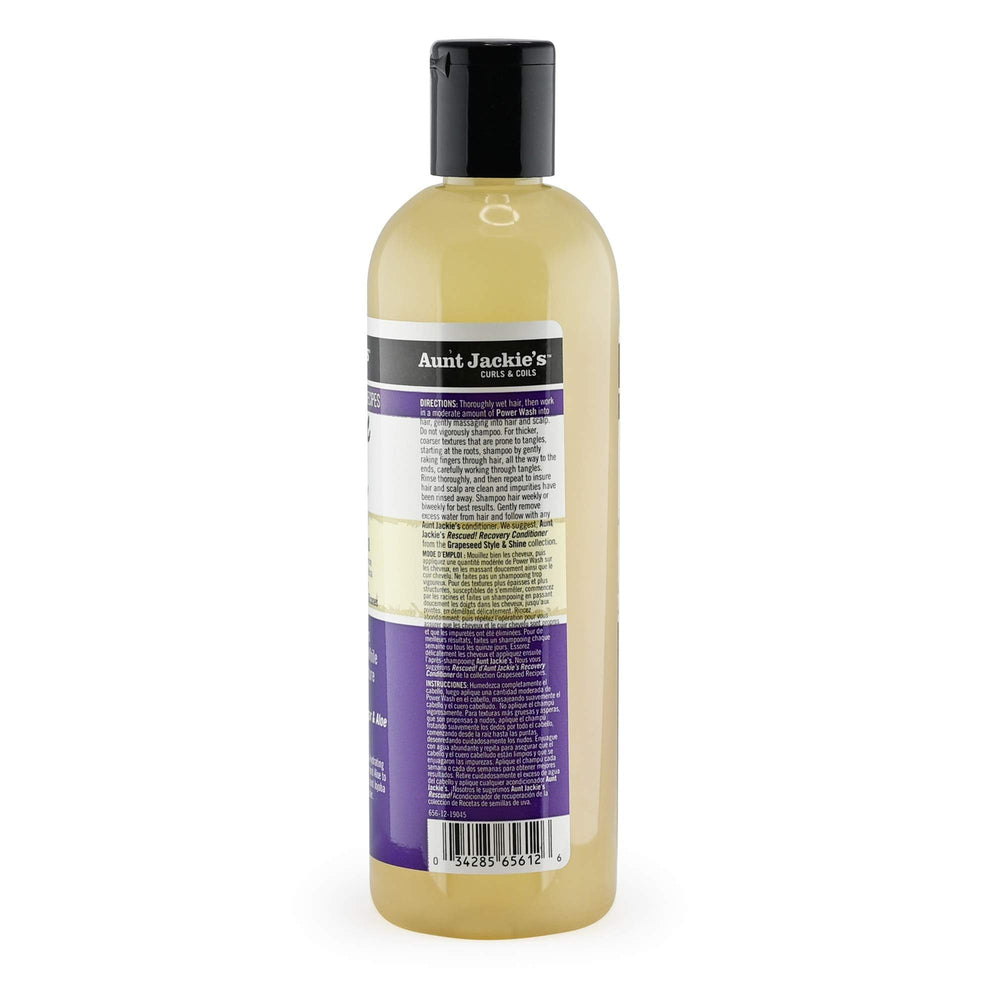 Close-up of Power Wash label highlights sulfate-free, hydrating formula.