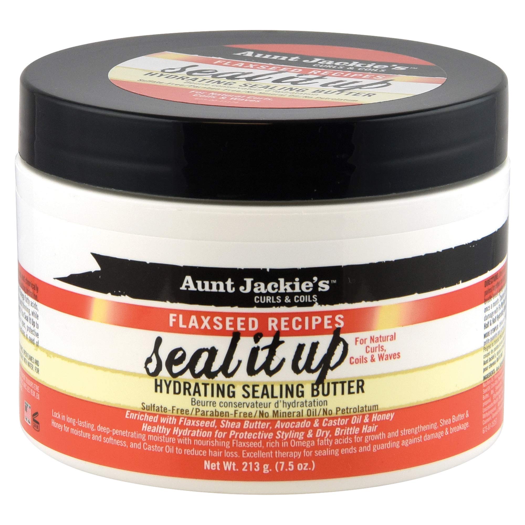 Aunt Jackie's Seal It Up en frasco, promueve hidratación duradera para cabellos secos.