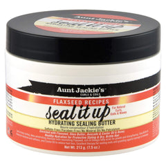 Aunt Jackie's Seal It Up en frasco, promueve hidratación duradera para cabellos secos.