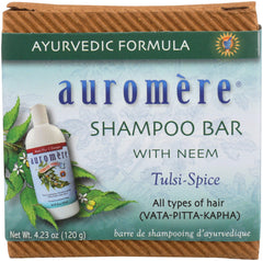 Barra Auromere shampoo, envase cero residuos, ideal para viajes.