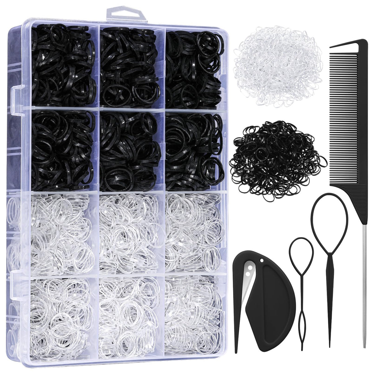 Auroray gomas elasticas en caja organizadora, facilita almacenamiento y selección rápida para peinados.