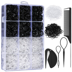 Auroray gomas elasticas en caja organizadora, facilita almacenamiento y selección rápida para peinados.