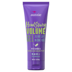 Aussie Headstrong gel 7 onzas, enfoque en la botella para volumen y textura.