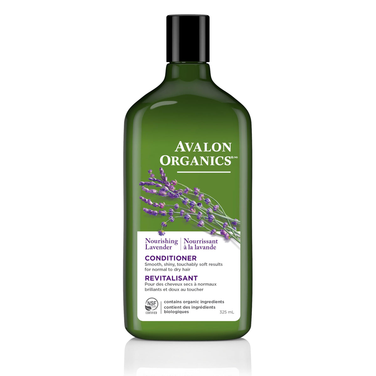 Avalon Organics Acondicionador Nutritivo Lavanda, botella, hidrata profundamente el cabello.