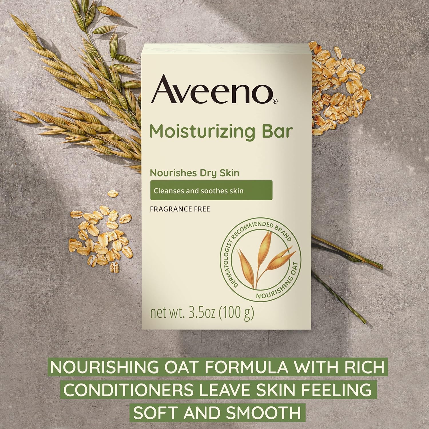 Textura suave de avena en barra Aveeno para exfoliación ligera.