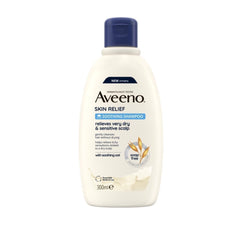 Champú calmante de Aveeno, botella, limpieza suave para cuero cabelludo sensible.