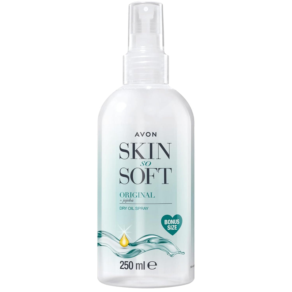 AVON SKIN SO SOFT Aceite Seco Original 250 ml, botella, hidratación rápida para la piel.