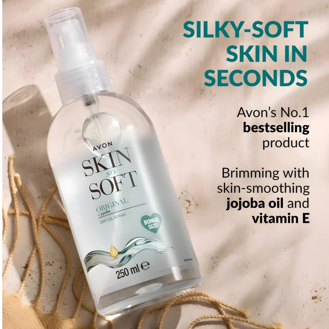 AVON SKIN SO SOFT Aceite Seco Original con jojoba, retiene humedad y aroma agradable.